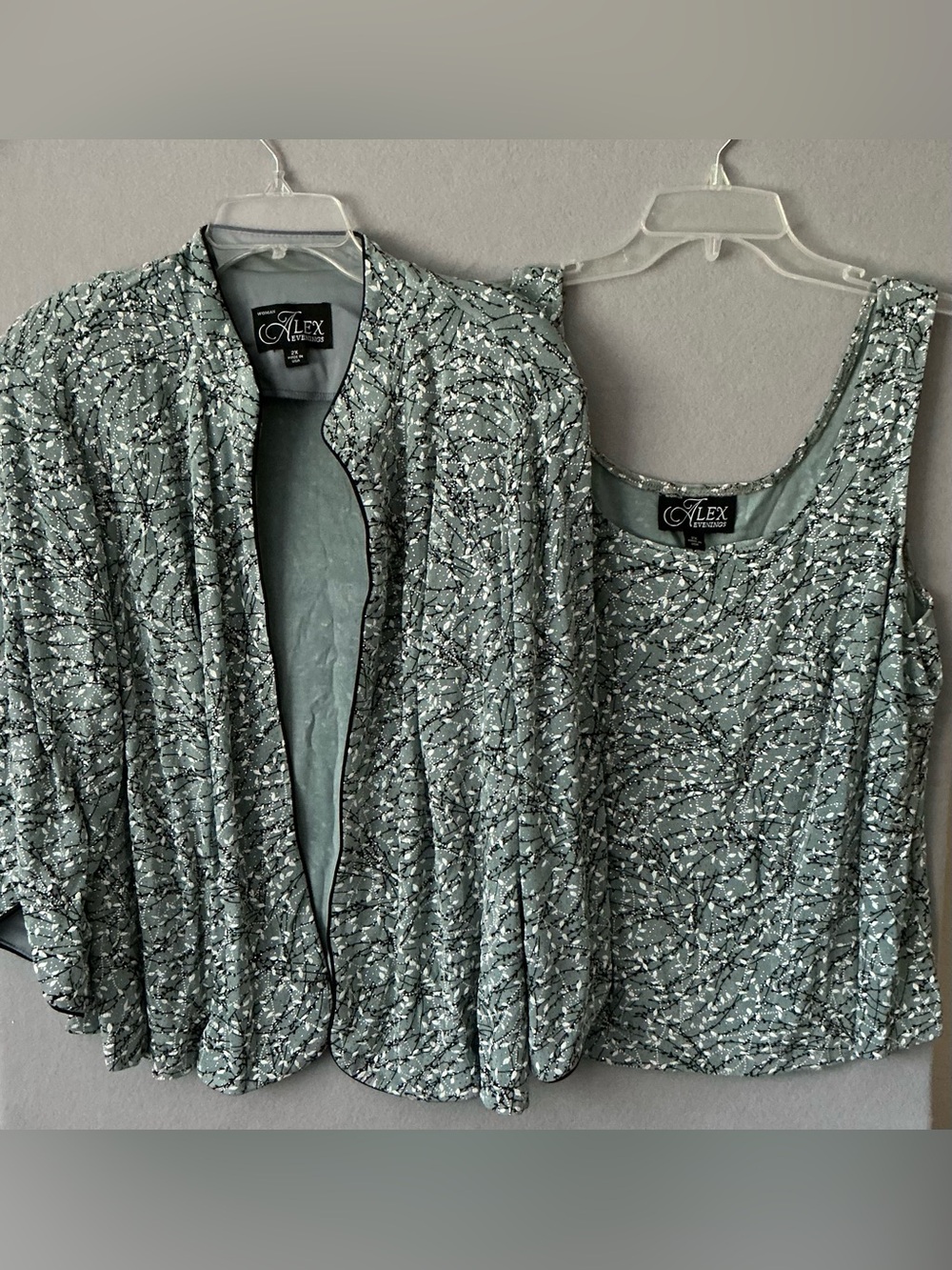 Alex Evenings 2-Piece Sequin Twinset Silver Sage Green Jacket & Shell Top 2XL
